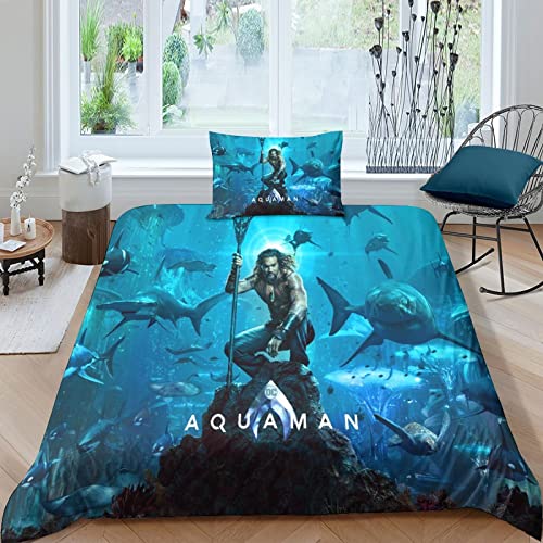 HESHS Aquaman Bettwäsche Arthur 3D Erwachsene Kinder Jungen Mädchen Bettwäsche Set 3-teilige Mikrofaser Bettbezug Mit Reißverschluss Und Kissenbezug Single（135x200cm） von HESHS