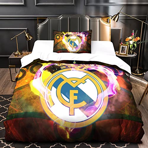 HESHS Bettwäsche 3D Real Madrid Mit Fußball Clubs Bettbezug Set Single（135x200cm） Bettwäsche Set 3-teilige Mikrofaser Erwachsene Kinder Bettbezug Mit Reißverschluss Und Kissenbezug von HESHS