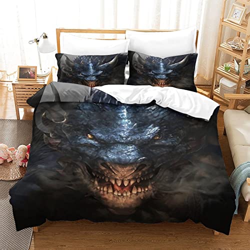 HESHS Dragon Bettbezug Set Gedruckte Bettwäsche Flying Dragon Quilt Cover Mit Reißverschluss,3 Stücke Tröster Bezug, Weiche Leichte Mikrofaser Für Kinder Teens Erwachsene King（220x240cm） von HESHS