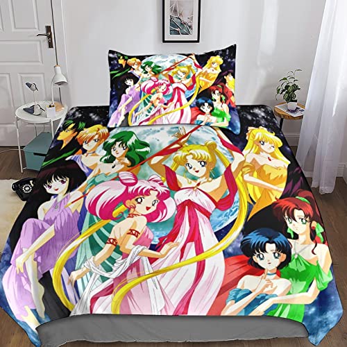 HESHS Microfaser Sailor_Moon Bettwäsche Single（135x200cm）,3-teiliges Cartoon-Bettwäsche Set, Weicher Flauschiger Bettbezug Mit Reißverschluss Und Kissenbezug Für Erwachsene Kinder von HESHS