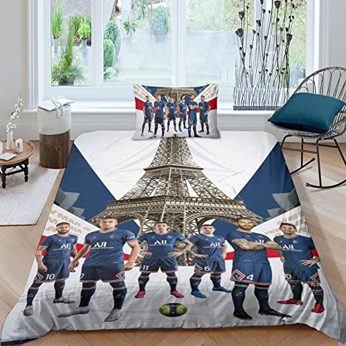 HESHS Paris St German PSG Bettbezug Set Kylian Mbappé Bedruckte Bettwäsche Set Weiche Mikrofaser Bettwäsche Set Für Erwachsene Teenager Kinder 3-Stücke Für Heimtextilien Single（135x200cm） von HESHS