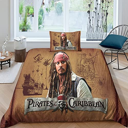 HESHS Pirates of The Caribbean Duvet Cover Set 3D Jack Bed Linen Bedding Set Decorative Microfiber Comforter Cover with Pillow Shams, Zipper, Soft Lightweight for Kids Teens Adults Single（135x200cm） von HESHS