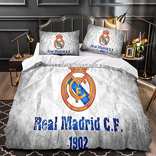 HESHS Real Madrid Bettwäsche Double（200x200cm） Set Von 3 Mit 3D Fußball Clubs Motiv Bettbezug Sets 3-teilige Mikrofaser Bettwäsche Kinder Mit Für Kinder, Erwachsene von HESHS