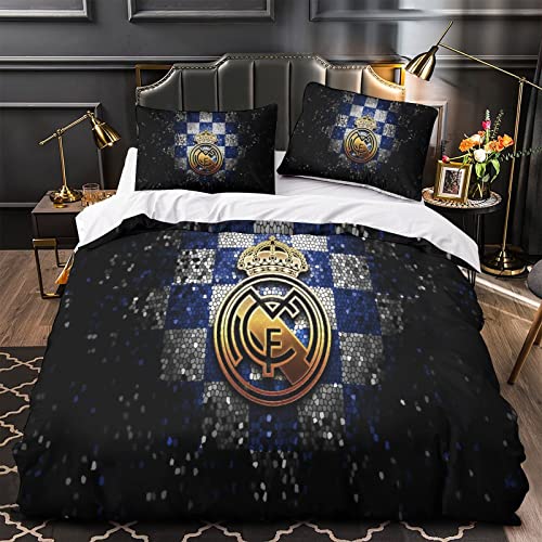 HESHS Real Madrid Bettwäsche Fußball Clubs Bettbezug Set 3 Teilig Bettbezug Kopfkissenbezug,Microfaser Bettbezüge Mit Reißverschluss Double（200x200cm） von HESHS