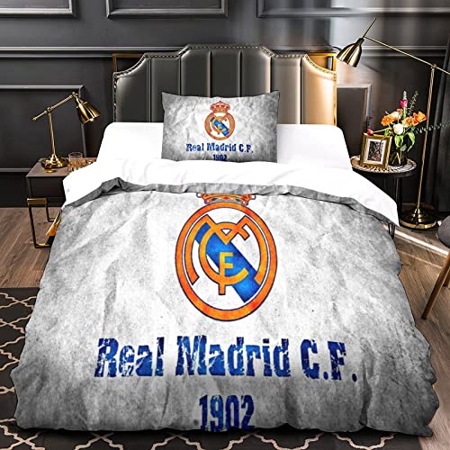 HESHS Real Madrid Quilt Cover Set, 3D Fußball Clubs Bettbezug, Bettwäsche 3-teiliges Set Für Kinder, Jugendliche, Erwachsene, Männer, Frauen Mikrofaser Single（135x200cm） von HESHS