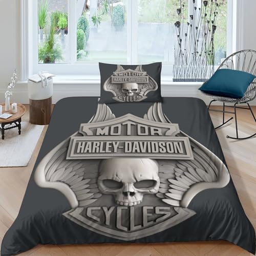 Harley Davidson Bettbezug Bettwäsche Set, 3D Moto Bettbezüge, 3-teilig, Mikrofaser, Sehr Weich, Mit Reißverschluss Und Kissenbezügen, Bettbezug Für Kinder, Erwachsene Single（135x200cm） von HESHS