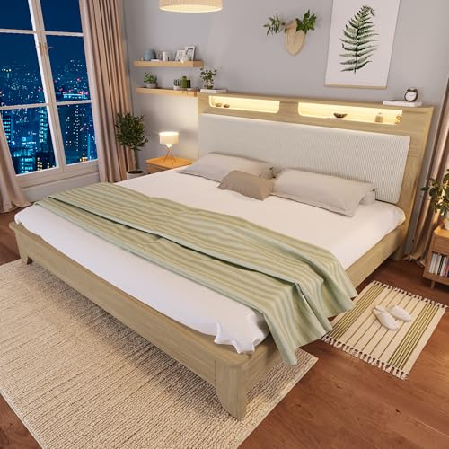 Doppelbett Holzbett 160×200, Kopfteil mit Stauraum, LED und Beigefarbener Rückenlehne, Bettrahmen mit Holzlatten, Heller Eiche, Ohne Matratze Doppelbett Holzbett 160×200, Kopfteil mit Stauraum, LED und Beigefarbener Rückenlehne, Bettrahmen mit Holzlatten, Heller Eiche, Ohne Matratze von HESHU