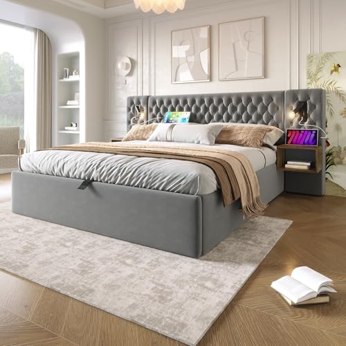 HESHU Bett 160x200 mit Kopfteil Leselicht und USB, Polsterbett mit 2 Nachttischen Bettanlage Schlafzimmer Komplett Set, Doppelbett mit Lattenrost, Stauraumbett Jugendbett Bettgestell Samt, Grau HESHU Bett 160x200 mit Kopfteil Leselicht und USB, Polsterbett mit 2 Nachttischen Bettanlage Schlafzimmer Komplett Set, Doppelbett mit Lattenrost, Stauraumbett Jugendbett Bettgestell Samt, Grau von HESHU