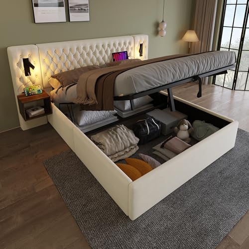 HESHU Bett 180x200 mit Kopfteil Leselicht und USB, Polsterbett mit 2 Nachttischen Bettanlage Schlafzimmer Komplett Set, Doppelbett mit Lattenrost, Stauraumbett Jugendbett Bettgestell Samt, Beige HESHU Bett 180x200 mit Kopfteil Leselicht und USB, Polsterbett mit 2 Nachttischen Bettanlage Schlafzimmer Komplett Set, Doppelbett mit Lattenrost, Stauraumbett Jugendbett Bettgestell Samt, Beige von HESHU