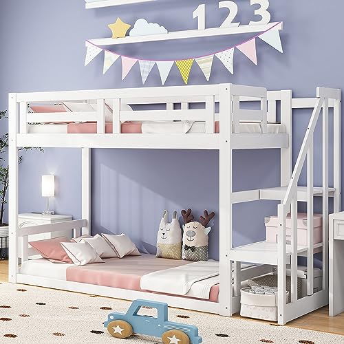 HESHU Etagenbett Kinderbett 90x200, Hochbett Kinder mit Rutsche, Stockbett Für 2 Kinder, Hausbett, Etagenbettrahmen, Spielbett, Jugendbett, Etagenbett, ohne matratze (weiß mit treppe) von HESHU