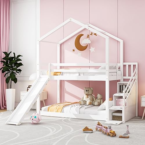 HESHU Etagenbett Kinderbett 90x200, Hochbett Kinder mit Rutsche & 1 Lattenrost Hausbett, Stockbett, Etagenbettrahmen, Spielbett, Jugendbett, Etagenbett, ohne matratze (weiß mit Rutsche & treppe) von HESHU