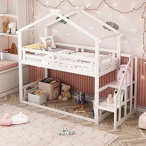 HESHU Etagenbett Kinderbett 90x200, Hochbett Kinder mit Treppe, Stockbett, Hausbett, Etagenbettrahmen, Spielbett, Jugendbett, Etagenbett, ohne matratze (Etagenbett mit treppe-weiß) von HESHU