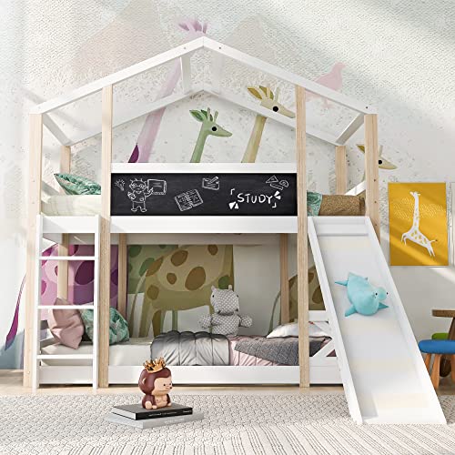 HESHU Etagenbett für 2 Kinder, Kinderbett Baumhaus mit Rutsche & Leiter, 90x200cm, Hochbett für Kinder– 2X Lattenrost, Funktionsbett Stockbett Jugendbett (Weiß mit Rutsche) von HESHU