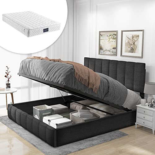 HESHU Hydraulisch Doppelbett Polsterbett 140x200cm, Verstellbares Kopfteil, Bett mit Lattenrost aus Metallrahmen, Leinenmaterial, Modernes Bettgestell mit Stauraum, Großer Stauraum,Grau(Mit Matratze) von HESHU