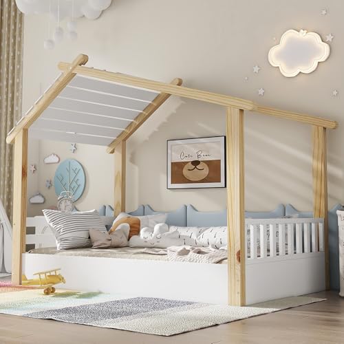 HESHU Kinderbett 90x190cm mitRausfallschutz, Dach, Stabile Lattenrost, Einzelbett Holzbetten Hausbett,Kiefer + Spanplatte +MDF, Ohne Matratze, Natur von HESHU