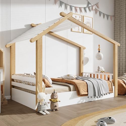 HESHU Kinderbett 90x200cm mitRausfallschutz, Dach, Stabile Lattenrost, Einzelbett Holzbetten Hausbett,Kiefer + Spanplatte +MDF, Ohne Matratze, Natur HESHU Kinderbett 90x200cm mitRausfallschutz, Dach, Stabile Lattenrost, Einzelbett Holzbetten Hausbett,Kiefer + Spanplatte +MDF, Ohne Matratze, Natur von HESHU