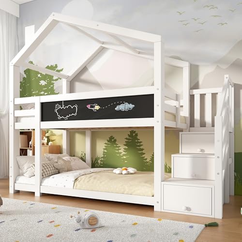 Kinderbett 90x200 cm, Etagenbett mit Stauraumtreppe, Hausbett mit Tafel und Rausfallschutz, Hochbett für 2 Kinder, Weiß, ohne Matratze von HESHU
