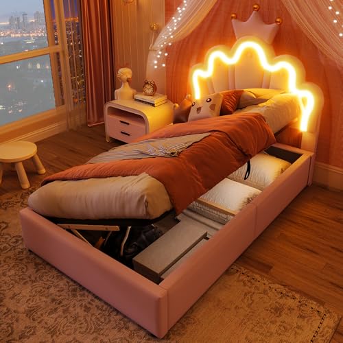 HESHU Kinderbett Polsterbett 90x200cm mit LED, Mädchen Einzelbett, Kopfteil in Krone, Bettgestell mit Lattenrost, Prinzessinnenbett Jugendbett, PU, ohne Matratze, Rosa von HESHU