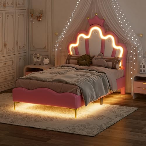 HESHU Kinderbett Polsterbett 90x200cm mit LED, Mädchenbett, Kopfteil in Krone, Bettgestell mit Lattenrost, Prinzessinnenbett Jugendbett, PU, ohne Matratze,Rosa von HESHU