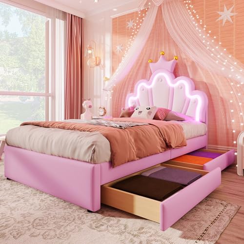 HESHU Kinderbett Polsterbett 90x200cm mit LED und 2 Schubladen, Mädchen Einzelbett, Kopfteil in Krone, Bettgestell mit Lattenrost, Prinzessinnenbett Jugendbett, PU, ohne Matratze,Rosa von HESHU