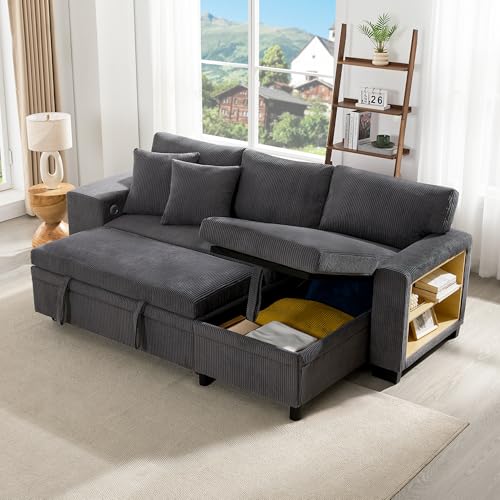 HESHU Klappsofa mit Schlaffunktion, L-förmiges umbaubares Ecksofa mit USB-Ladeanschluss und Kissen, 3-Sitzer-Umbausofa mit Seitenablagen und Stauraum von HESHU