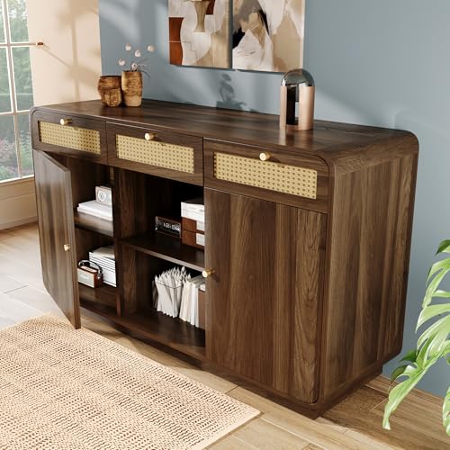 HESHU Kommode Sideboard 120cm Nussbaum, Schubladenschrank mit Rattan & Goldgriffen, 3 Schubladen + 2 Schränke + offenes Regal, Höhenverstellbare Einlegeböden, H85/B120/T40 cm von HESHU