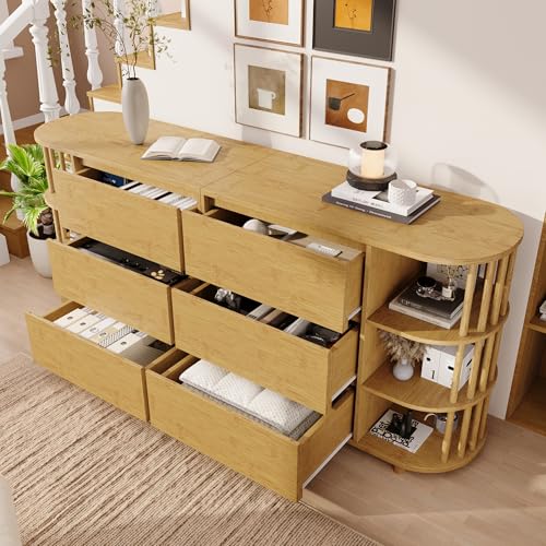HESHU Kommode Sideboard 160cm Eiche, Buffetschrank mit Säulen & Bambus-Regalen, 6 Schubladen & offene Regale, Höhenverstellbare Füße, H75/B160/T40 cm HESHU Kommode Sideboard 160cm Eiche, Buffetschrank mit Säulen & Bambus-Regalen, 6 Schubladen & offene Regale, Höhenverstellbare Füße, H75/B160/T40 cm von HESHU