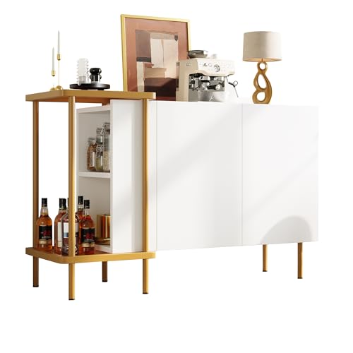 HESHU Moderner weißer Sideboard-Schrank mit 2 Türen und 2 offenen Fächern, Couchtisch aus Metall/Glas,Weiß,120 x 40 x 77.5 cm (LxBxH) von HESHU