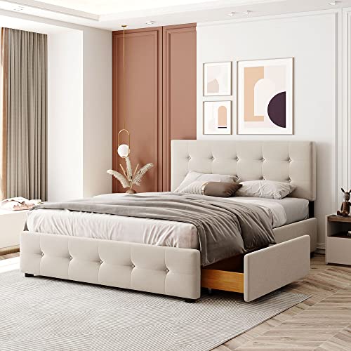 HESHU Polsterbett 140 x 200 cm, Doppelbett mit 2 Schubladen, Bettgestell mit Lattenrost, Höhenverstellbares Kopfteil, für Jugendliche und Erwachsene, Samt, Beige, ohne Matratze HESHU Polsterbett 140 x 200 cm, Doppelbett mit 2 Schubladen, Bettgestell mit Lattenrost, Höhenverstellbares Kopfteil, für Jugendliche und Erwachsene, Samt, Beige, ohne Matratze von HESHU