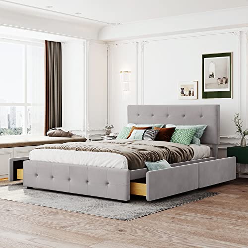 HESHU Polsterbett 140 x 200 cm, Doppelbett mit 2 Schubladen, Bettgestell mit Lattenrost, Höhenverstellbares Kopfteil, für Jugendliche und Erwachsene, Samt, Grau, ohne Matratze HESHU Polsterbett 140 x 200 cm, Doppelbett mit 2 Schubladen, Bettgestell mit Lattenrost, Höhenverstellbares Kopfteil, für Jugendliche und Erwachsene, Samt, Grau, ohne Matratze von HESHU