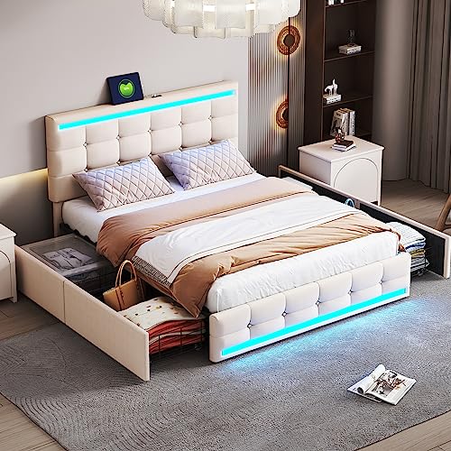 HESHU Polsterbett 140 x 200 cm mit LED, Doppelbett mit 4 Schubladen, Höhenverstellbares Kopfteil mit 2 USB, Jugendbett Erwachsenenbett, Leinen, Beige, ohne Matratze HESHU Polsterbett 140 x 200 cm mit LED, Doppelbett mit 4 Schubladen, Höhenverstellbares Kopfteil mit 2 USB, Jugendbett Erwachsenenbett, Leinen, Beige, ohne Matratze von HESHU