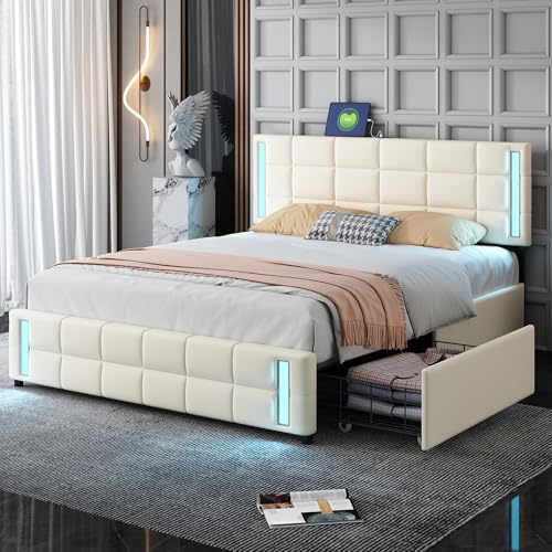 HESHU Polsterbett 140 x 200 cm mit LED, Doppelbett mit 4 Schubladen, Höhenverstellbares Kopfteil mit USB, Jugendbett Erwachsenenbett, Leinen, Beige, ohne Matratze HESHU Polsterbett 140 x 200 cm mit LED, Doppelbett mit 4 Schubladen, Höhenverstellbares Kopfteil mit USB, Jugendbett Erwachsenenbett, Leinen, Beige, ohne Matratze von HESHU