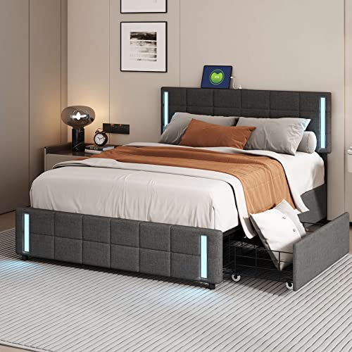 HESHU Polsterbett 140 x 200 cm mit LED, Doppelbett mit 4 Schubladen, Höhenverstellbares Kopfteil mit USB, Jugendbett Erwachsenenbett, Leinen, Grau, ohne Matratze HESHU Polsterbett 140 x 200 cm mit LED, Doppelbett mit 4 Schubladen, Höhenverstellbares Kopfteil mit USB, Jugendbett Erwachsenenbett, Leinen, Grau, ohne Matratze von HESHU