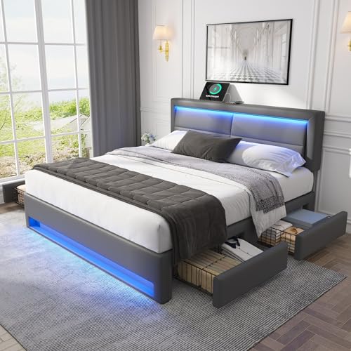 HESHU Polsterbett 140x200 cm, Doppelbett mit 2 Stauraum Schubladen, Höhenverstellbares Kopfteil mit USB LED, Bettgestell mit Lattenrost, Jugendbett Erwachsenenbett, PU, ohne Matratze, Grau HESHU Polsterbett 140x200 cm, Doppelbett mit 2 Stauraum Schubladen, Höhenverstellbares Kopfteil mit USB LED, Bettgestell mit Lattenrost, Jugendbett Erwachsenenbett, PU, ohne Matratze, Grau von HESHU