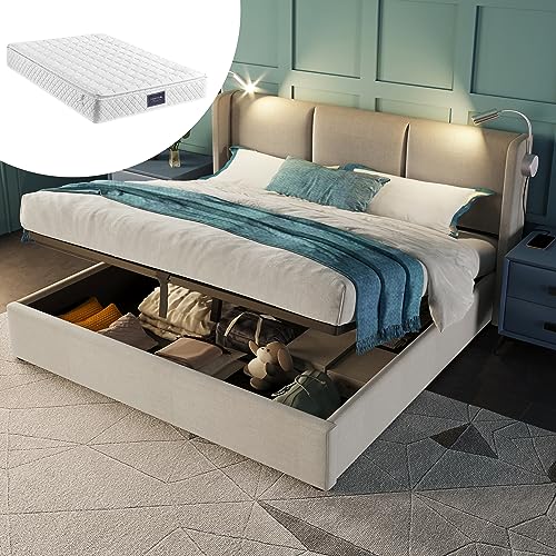 HESHU Polsterbett 140x200 cm, Doppelbett mit Bettkasten, Leselicht & USB Ladefunktion Kopfteil, Hydraulisches Stauraumbett, Jugendbett Erwachsenenbett, Leinen, Beige, mit Matratze HESHU Polsterbett 140x200 cm, Doppelbett mit Bettkasten, Leselicht & USB Ladefunktion Kopfteil, Hydraulisches Stauraumbett, Jugendbett Erwachsenenbett, Leinen, Beige, mit Matratze von HESHU