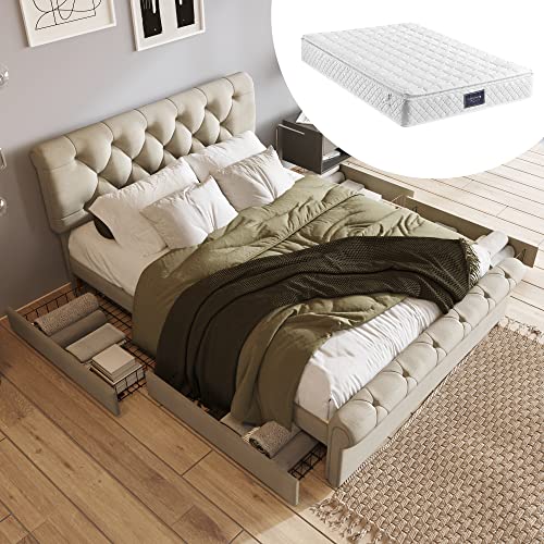 HESHU Polsterbett 140x200 mit 4 Schubladen, Doppelbett mit Höhenverstellbares Kopfteil, Bettgestell mit Lattenrost, Jugendbett Erwachsenenbett, Natürlich, mit Matratze HESHU Polsterbett 140x200 mit 4 Schubladen, Doppelbett mit Höhenverstellbares Kopfteil, Bettgestell mit Lattenrost, Jugendbett Erwachsenenbett, Natürlich, mit Matratze von HESHU