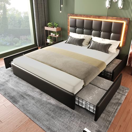 HESHU Polsterbett 140x200 mit LED, Doppelbett mit 4 Stauraum Schubladen, Bettgestell mit Höhenverstellbares Kopfteil, Jugendbett Erwachsenenbett, PU, Schwarz, ohne Matratze HESHU Polsterbett 140x200 mit LED, Doppelbett mit 4 Stauraum Schubladen, Bettgestell mit Höhenverstellbares Kopfteil, Jugendbett Erwachsenenbett, PU, Schwarz, ohne Matratze von HESHU