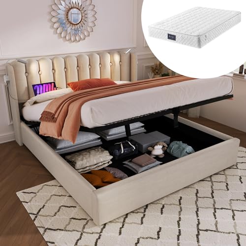 HESHU Polsterbett 140x200 mit Matratze Doppelbett mit Funktion Kopfteil Stauraum Bettgestell Leinenmaterial Jugendbett Stauraumbetten mit lattenrost,Natürlich von HESHU