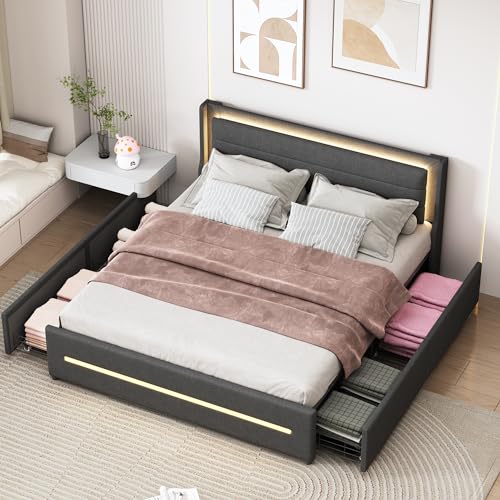 HESHU Polsterbett 160 x 200 cm mit LED, Doppelbett mit 4 Schubladen, Bettgestell mit Lattenrost, für Jugendliche und Erwachsene, Leinen, Grau, ohne Matratze HESHU Polsterbett 160 x 200 cm mit LED, Doppelbett mit 4 Schubladen, Bettgestell mit Lattenrost, für Jugendliche und Erwachsene, Leinen, Grau, ohne Matratze von HESHU