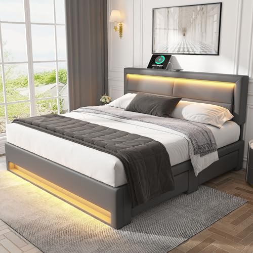 HESHU Polsterbett 160x200 cm, Doppelbett mit 2 Stauraum Schubladen, Höhenverstellbares Kopfteil mit USB LED, Bettgestell mit Lattenrost, Jugendbett Erwachsenenbett, PU, ohne Matratze, Grau HESHU Polsterbett 160x200 cm, Doppelbett mit 2 Stauraum Schubladen, Höhenverstellbares Kopfteil mit USB LED, Bettgestell mit Lattenrost, Jugendbett Erwachsenenbett, PU, ohne Matratze, Grau von HESHU