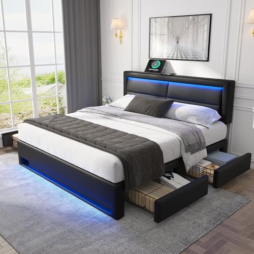 HESHU Polsterbett 160x200 cm, Doppelbett mit 2 Stauraum Schubladen, Höhenverstellbares Kopfteil mit USB LED, Bettgestell mit Lattenrost, Jugendbett Erwachsenenbett, PU, ohne Matratze, Schwarz HESHU Polsterbett 160x200 cm, Doppelbett mit 2 Stauraum Schubladen, Höhenverstellbares Kopfteil mit USB LED, Bettgestell mit Lattenrost, Jugendbett Erwachsenenbett, PU, ohne Matratze, Schwarz von HESHU