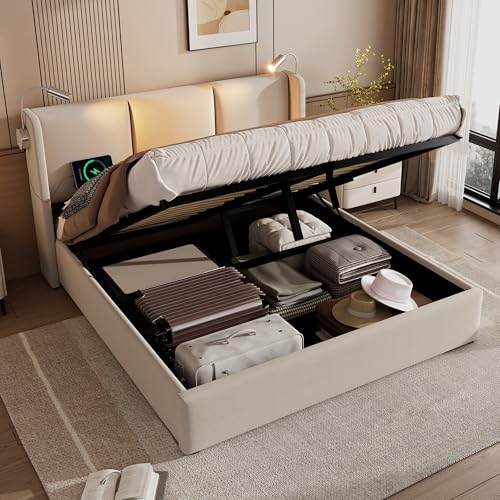 HESHU Polsterbett 160x200 cm, Doppelbett mit Bettkasten, Leselicht & USB Ladefunktion Kopfteil, Hydraulisches Stauraumbett, Jugendbett Erwachsenenbett, Leinen, Beige, ohne Matratze HESHU Polsterbett 160x200 cm, Doppelbett mit Bettkasten, Leselicht & USB Ladefunktion Kopfteil, Hydraulisches Stauraumbett, Jugendbett Erwachsenenbett, Leinen, Beige, ohne Matratze von HESHU