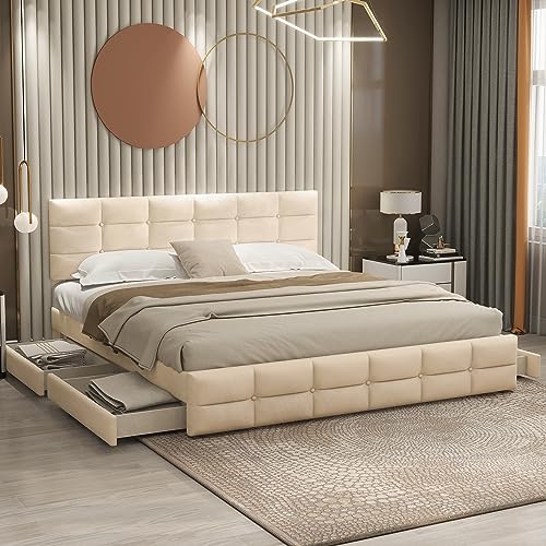 HESHU Polsterbett 180 x 200 cm, Doppelbett mit Höhenverstellbares Kopfteil, Bettgestell mit Lattenrost, für Jugendliche und Erwachsene, Samt, Beige, ohne Matratze HESHU Polsterbett 180 x 200 cm, Doppelbett mit Höhenverstellbares Kopfteil, Bettgestell mit Lattenrost, für Jugendliche und Erwachsene, Samt, Beige, ohne Matratze von HESHU
