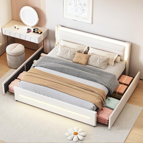 HESHU Polsterbett 180 x 200 cm mit LED, Doppelbett mit 4 Schubladen, Bettgestell mit Lattenrost, für Jugendliche und Erwachsene, Leinen, Beige, ohne Matratze HESHU Polsterbett 180 x 200 cm mit LED, Doppelbett mit 4 Schubladen, Bettgestell mit Lattenrost, für Jugendliche und Erwachsene, Leinen, Beige, ohne Matratze von HESHU