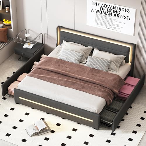 HESHU Polsterbett 180 x 200 cm mit LED, Doppelbett mit 4 Schubladen, Bettgestell mit Lattenrost, für Jugendliche und Erwachsene, Leinen, Grau, ohne Matratze HESHU Polsterbett 180 x 200 cm mit LED, Doppelbett mit 4 Schubladen, Bettgestell mit Lattenrost, für Jugendliche und Erwachsene, Leinen, Grau, ohne Matratze von HESHU
