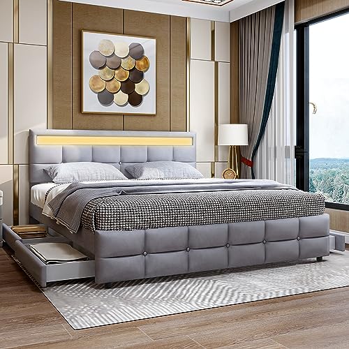 HESHU Polsterbett 180 x 200 cm mit LED, Doppelbett mit 4 Schubladen, Bettgestell mit Lattenrost, für Jugendliche und Erwachsene, Samt, Grau, ohne Matratze HESHU Polsterbett 180 x 200 cm mit LED, Doppelbett mit 4 Schubladen, Bettgestell mit Lattenrost, für Jugendliche und Erwachsene, Samt, Grau, ohne Matratze von HESHU