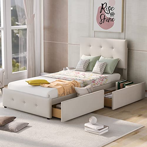 HESHU Polsterbett 90 x 200 cm, Einzelbett mit 2 Schubladen, Bettgestell mit Lattenrost, Höhenverstellbares Kopfteil, für Jugendliche und Erwachsene, Samt, Beige, ohne Matratze HESHU Polsterbett 90 x 200 cm, Einzelbett mit 2 Schubladen, Bettgestell mit Lattenrost, Höhenverstellbares Kopfteil, für Jugendliche und Erwachsene, Samt, Beige, ohne Matratze von HESHU
