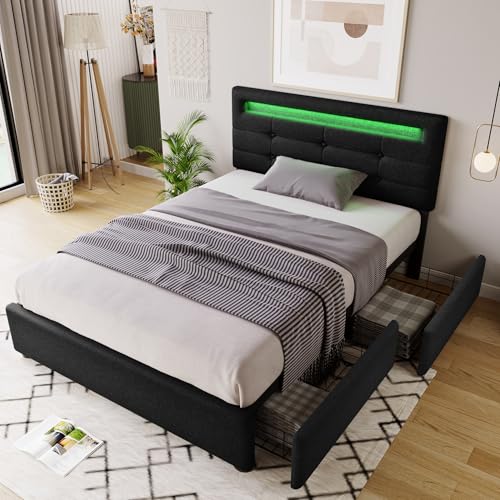 HESHU Polsterbett 90x200 cm, Einzelbett mit 2 Schubladen, Höhenverstellbares Kopfteil mit LED, Bettgestell für Jugendliche Erwachsene, Leinen, Schwarz, ohne Matratze HESHU Polsterbett 90x200 cm, Einzelbett mit 2 Schubladen, Höhenverstellbares Kopfteil mit LED, Bettgestell für Jugendliche Erwachsene, Leinen, Schwarz, ohne Matratze von HESHU
