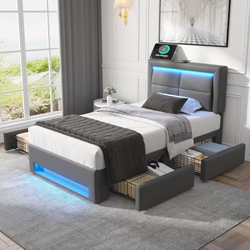 HESHU Polsterbett 90x200 cm, Einzelbett mit 2 Stauraum Schubladen, Höhenverstellbares Kopfteil mit USB LED, Bettgestell mit Lattenrost, Jugendbett Erwachsenenbett, PU, ohne Matratze, Grau HESHU Polsterbett 90x200 cm, Einzelbett mit 2 Stauraum Schubladen, Höhenverstellbares Kopfteil mit USB LED, Bettgestell mit Lattenrost, Jugendbett Erwachsenenbett, PU, ohne Matratze, Grau von HESHU