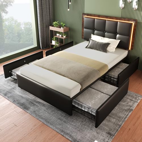 HESHU Polsterbett 90x200 mit LED, Einzelbett mit 4 Stauraum Schubladen, Bettgestell mit Höhenverstellbares Kopfteil, Jugendbett Erwachsenenbett, PU, Schwarz, ohne Matratze HESHU Polsterbett 90x200 mit LED, Einzelbett mit 4 Stauraum Schubladen, Bettgestell mit Höhenverstellbares Kopfteil, Jugendbett Erwachsenenbett, PU, Schwarz, ohne Matratze von HESHU